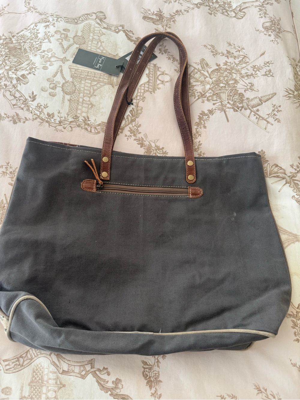 Myra Bag Brown Canvas & Leather Bicycle Print Tote - Picture 7 of 8